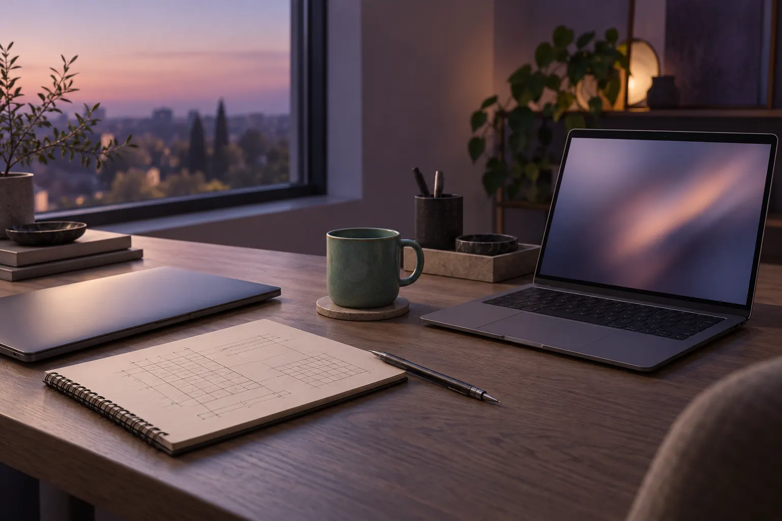 A quiet data-engineering desk at dusk with a laptop, a notebook with a hand-drawn grid and a pencil